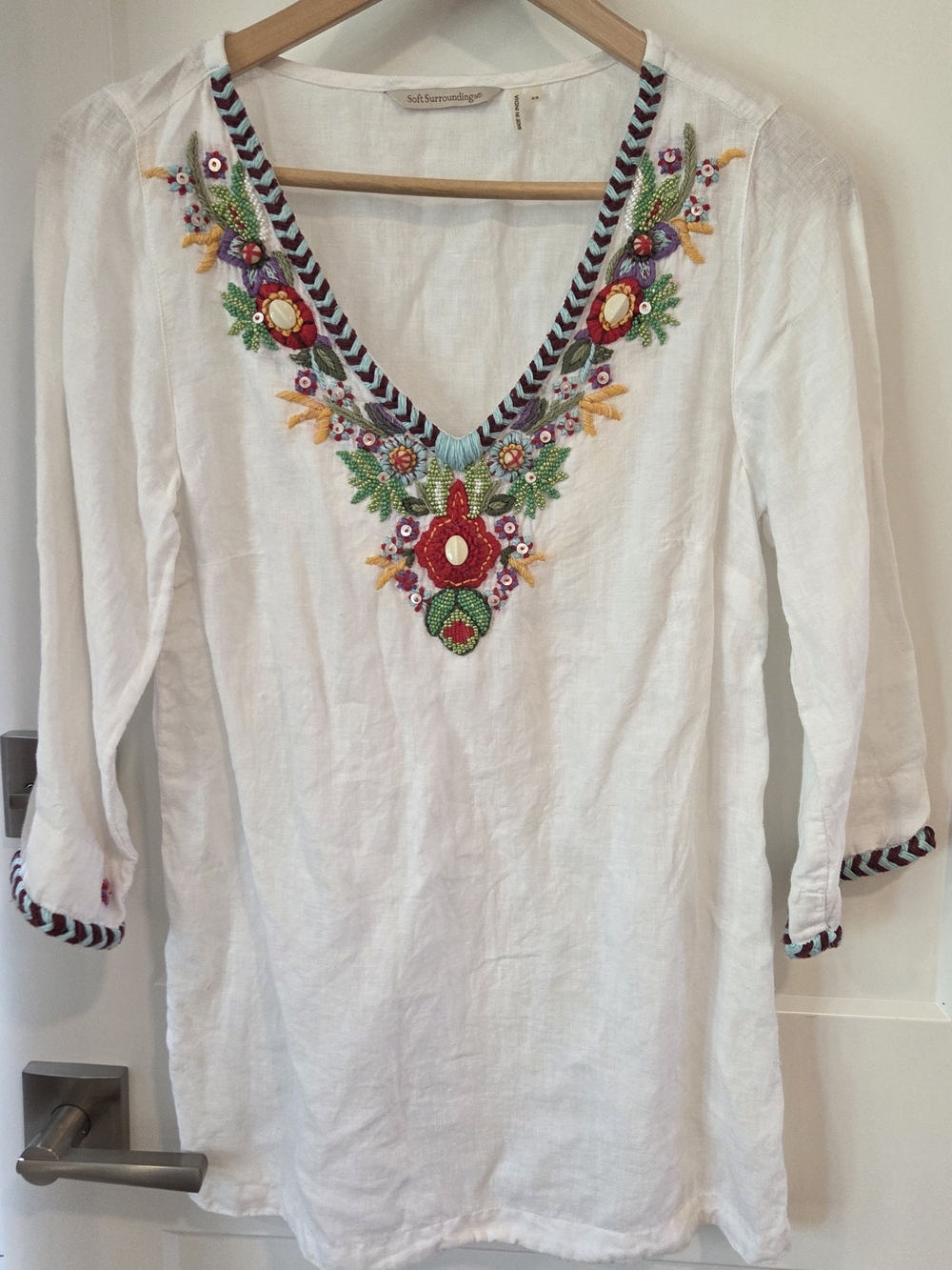 Soft Surroundings Fiesta Embroidered Beaded Linen Floral Tunic Top Cottage XS